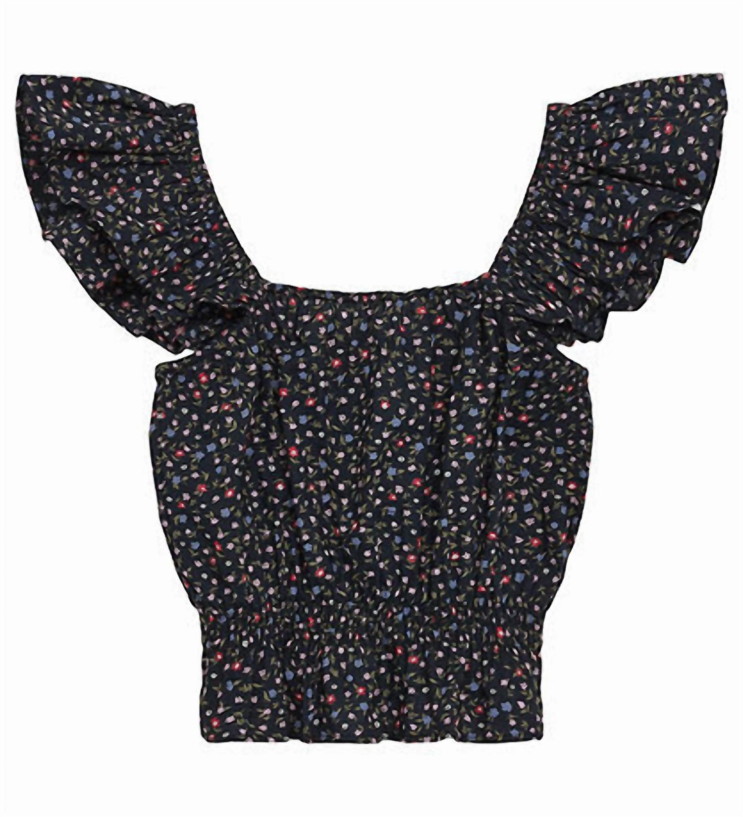 Girl's Serena Flare Mini Flower Print Top In Navy ruffle tops girls, long sleeve tees girls