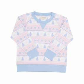 Girl's Smitty Sweatshirt In Pink Fairisle Flurries With Beale Street Blue ruffle tops girls, long sleeve tees girls