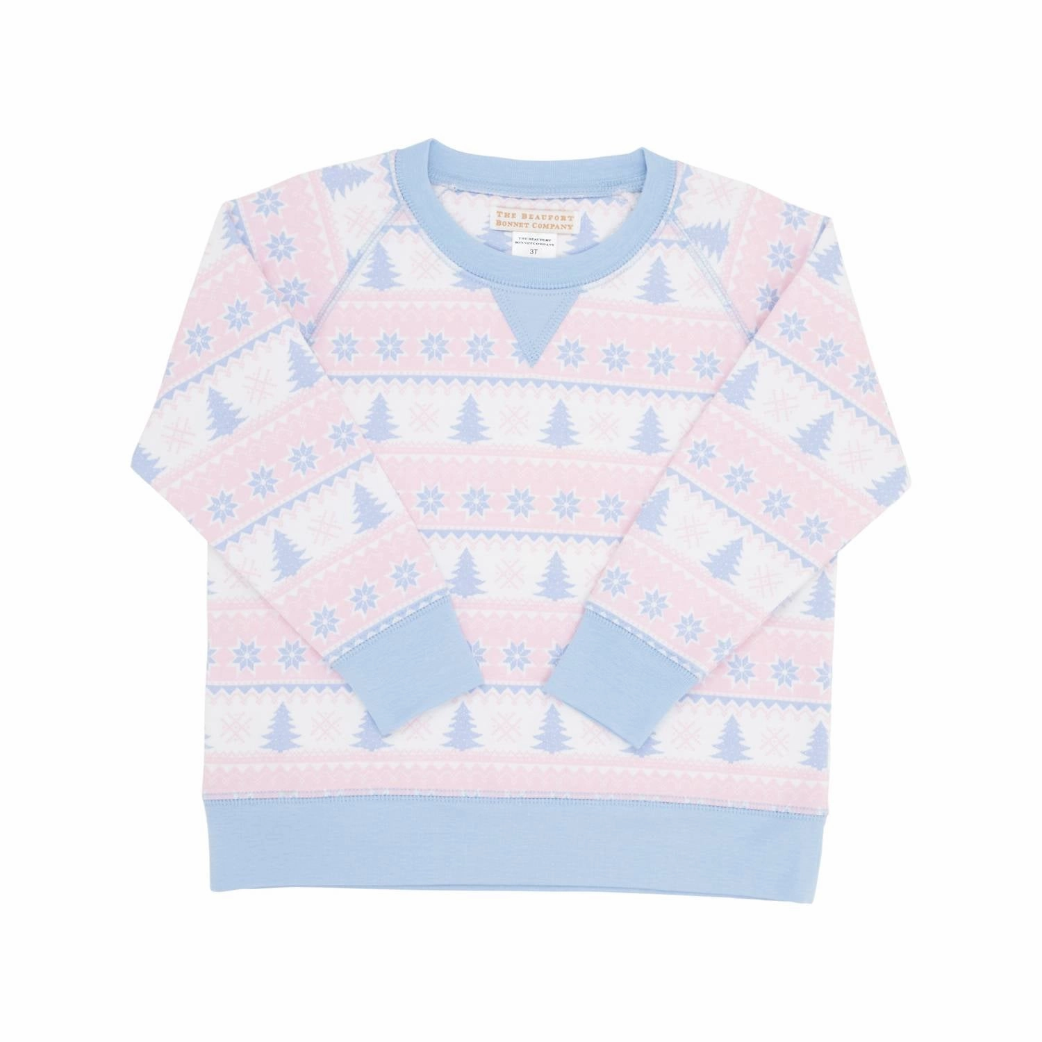 Girl's Smitty Sweatshirt In Pink Fairisle Flurries With Beale Street Blue ruffle tops girls, long sleeve tees girls