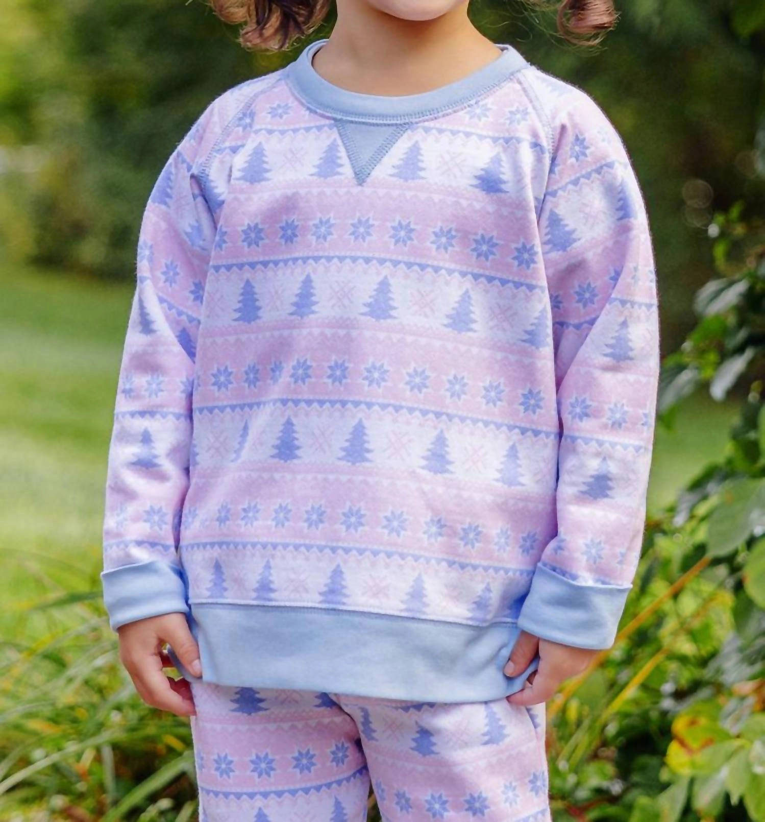 Girl's Smitty Sweatshirt In Pink Fairisle Flurries With Beale Street Blue Girls Tunic Top