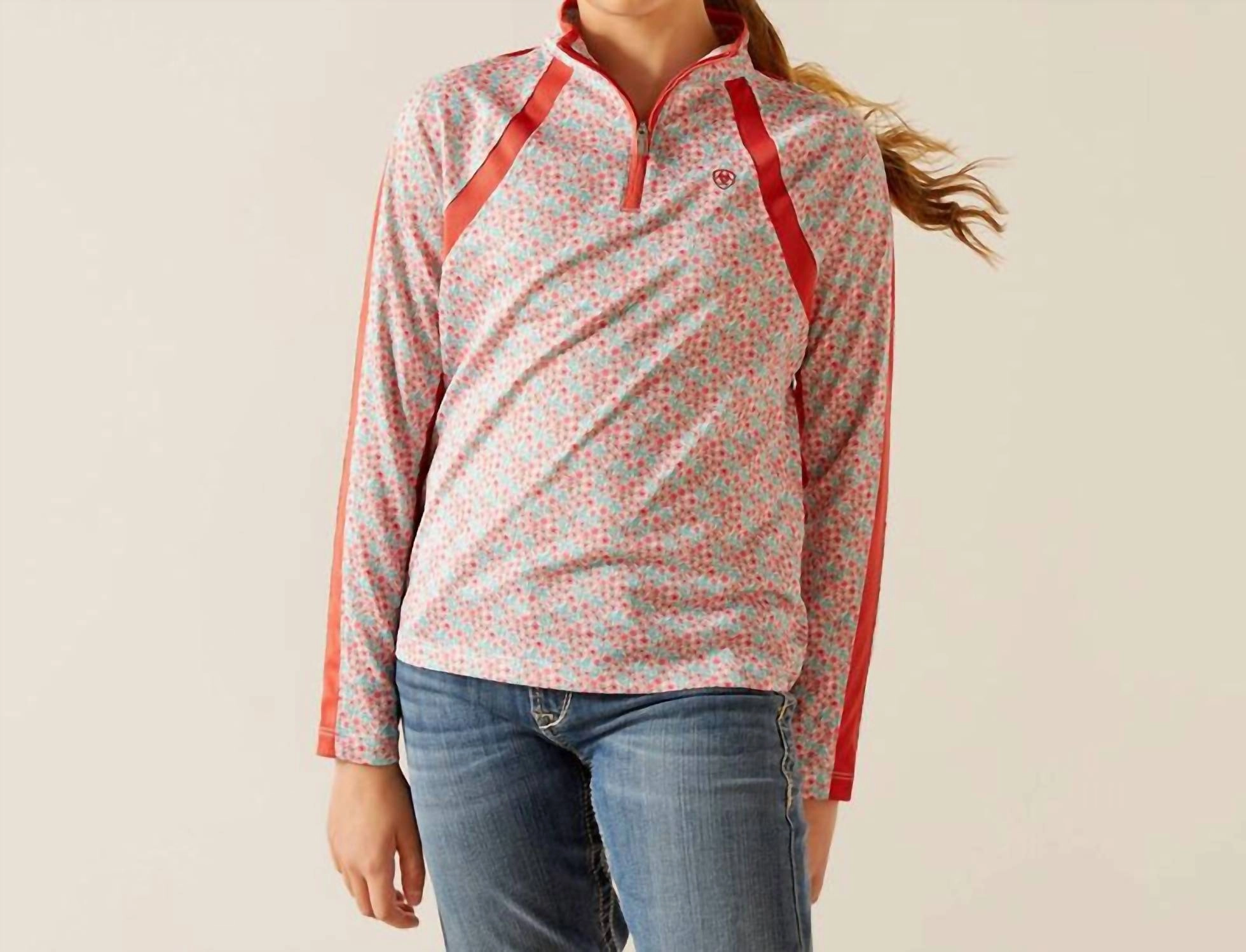 Girl's Sunstopper 3.0 Top In Coral/petals ruffle tops girls, long sleeve tees girls