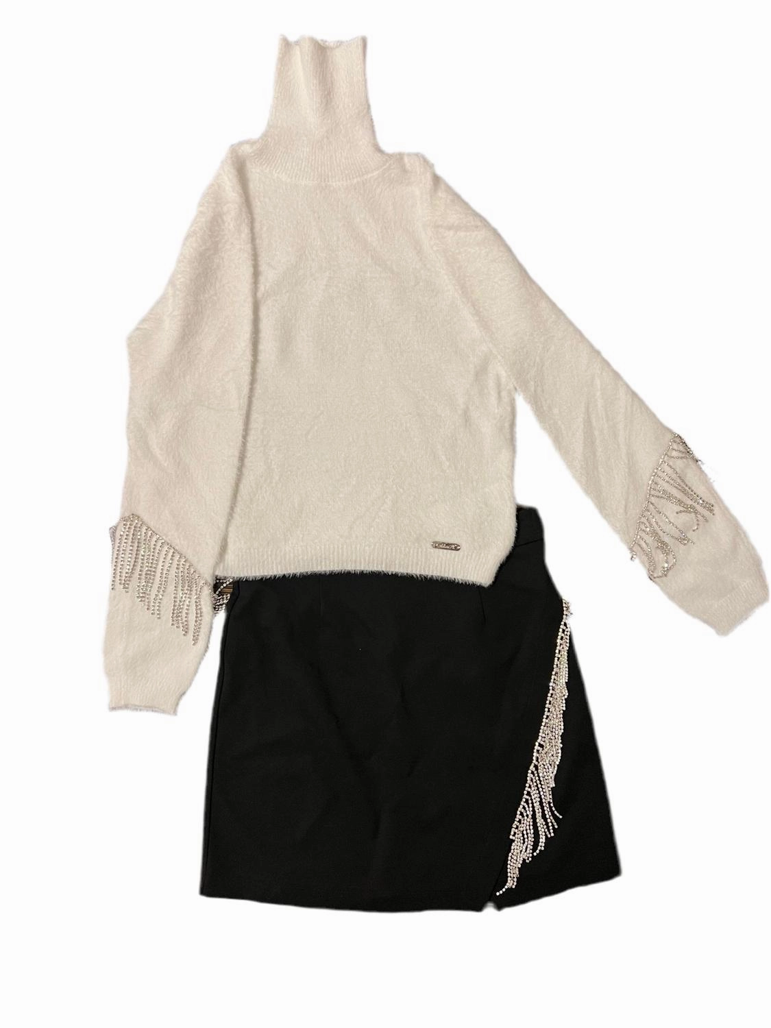 Girl's Sweater Top And Mini Skirt Set In Black/white ruffle tops girls, long sleeve tees girls