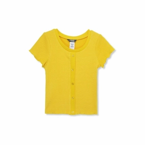 Girl's Textured Button Front Top In Yellow ruffle tops girls, long sleeve tees girls