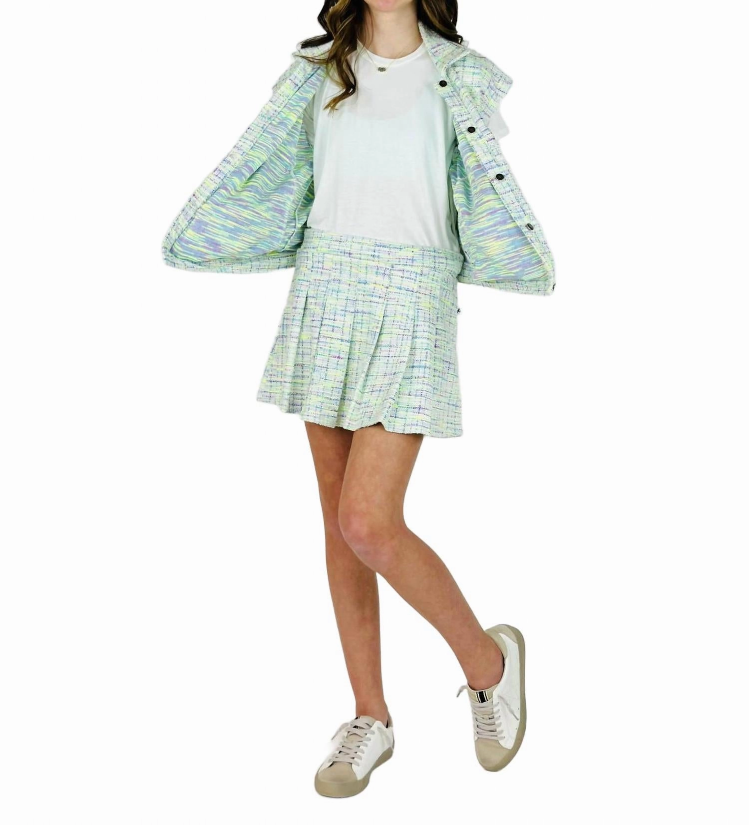 Girl's Tweed Sleeveless Jacket In Green Girls Sherpa Coat