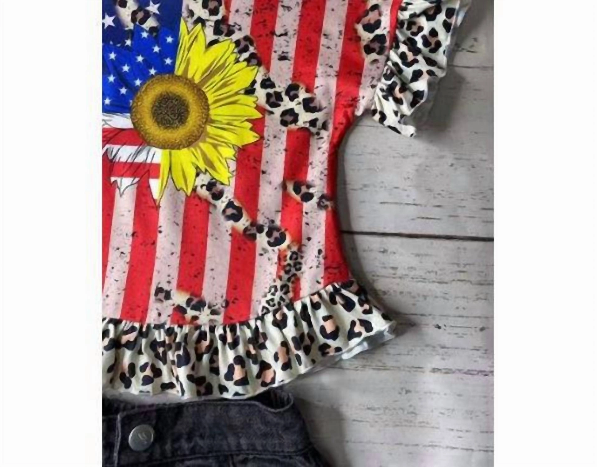 Girl's Usa Flag & Sunflower Leopard Ruffle Top In Red / Blue / White Girls Tunic Top