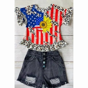 Girl's Usa Flag & Sunflower Leopard Ruffle Top In Red / Blue / White ruffle tops girls, long sleeve tees girls