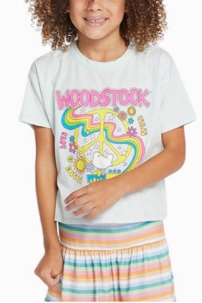 Girl's Woodstock T-Shirt In Light Blue ruffle tops girls, long sleeve tees girls
