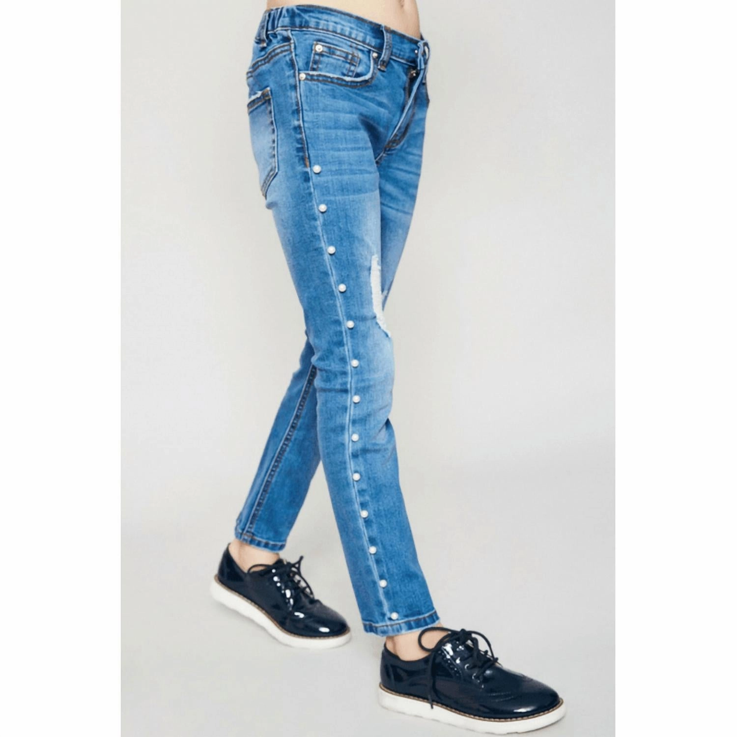 Girls - Distressed Side Pearl Denim Jean In Mid Denim Girls Ripped Skinny Jeans