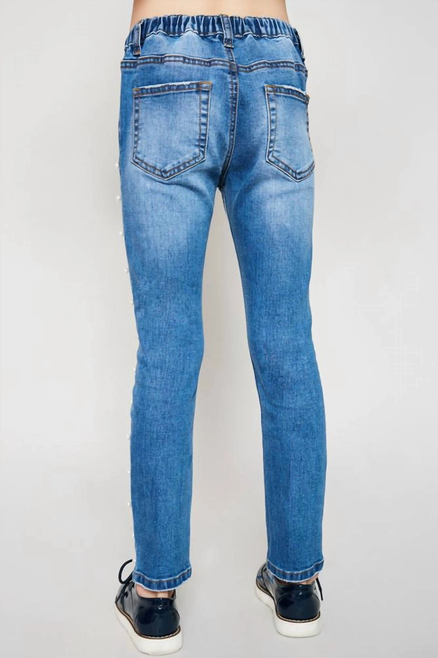 Girls - Distressed Side Pearl Denim Jean In Mid Denim Girls Ripped Skinny Jeans