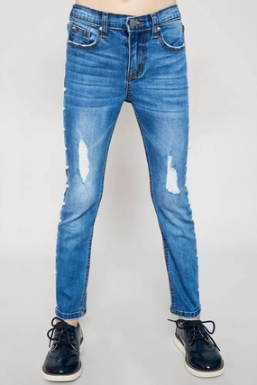 Girls - Distressed Side Pearl Denim Jean In Mid Denim girls bootcut jeans, stretch denim girls