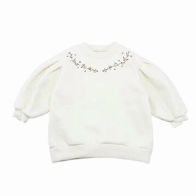Girls' Floral Puff Sleeve Sweatshirt In White ruffle tops girls, long sleeve tees girls