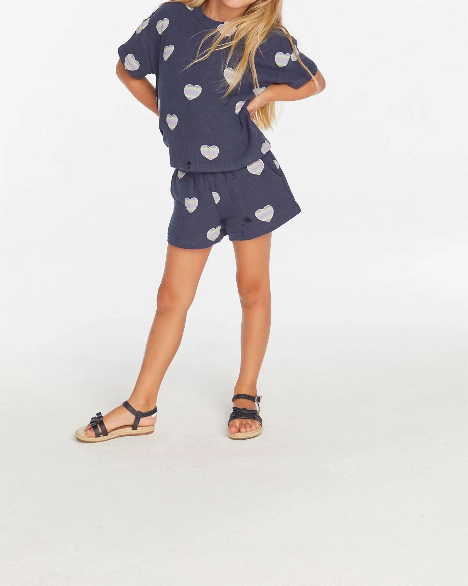 Girls Beach Hearts Shorts In Blue Girls Scallop Hem Shorts