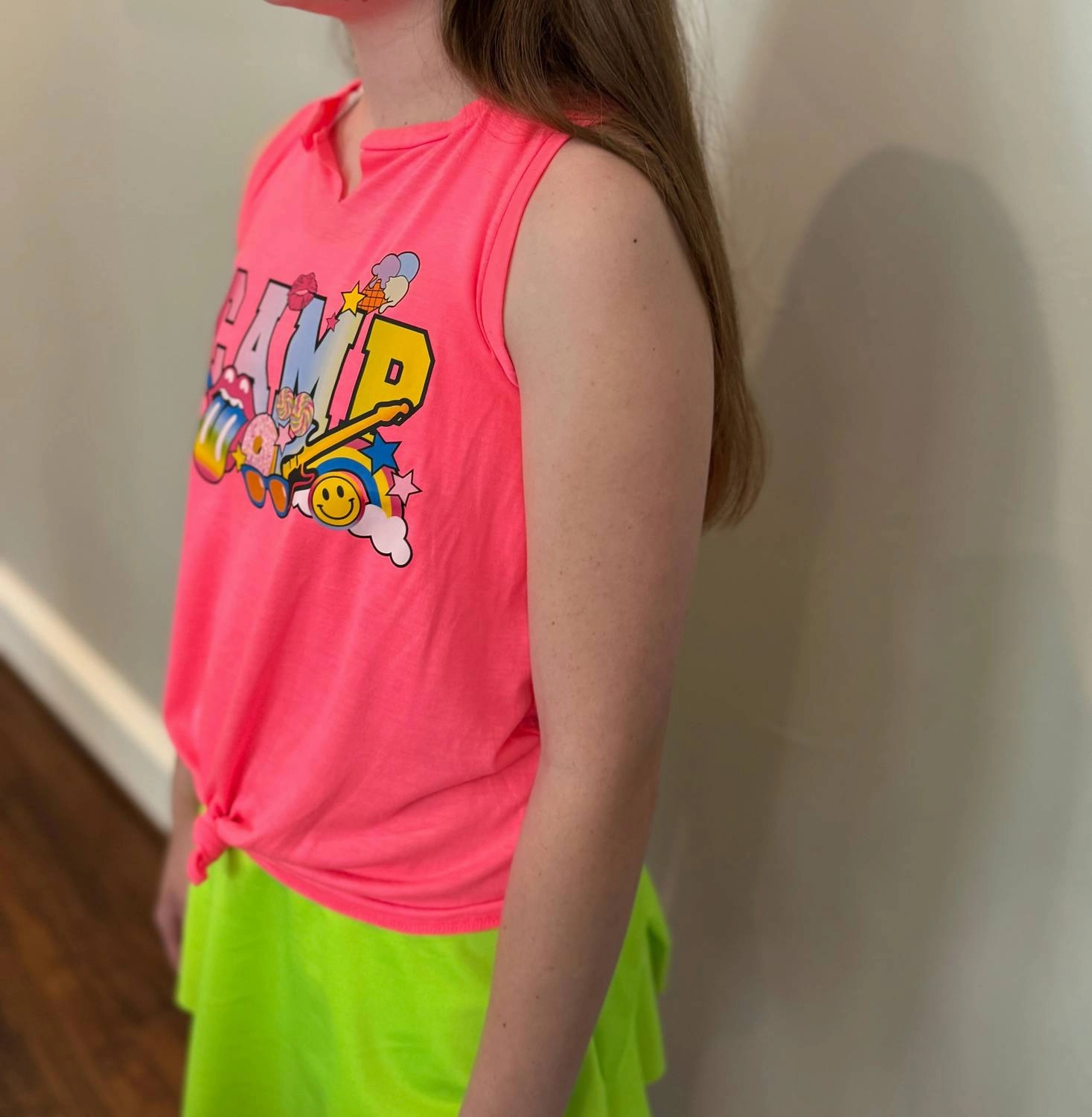 Girls Camp Fun Tank In Neon Pink Girls Tunic Top