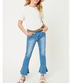 Girls Cropped Frill Flare Jeans In Denim girls bootcut jeans, stretch denim girls