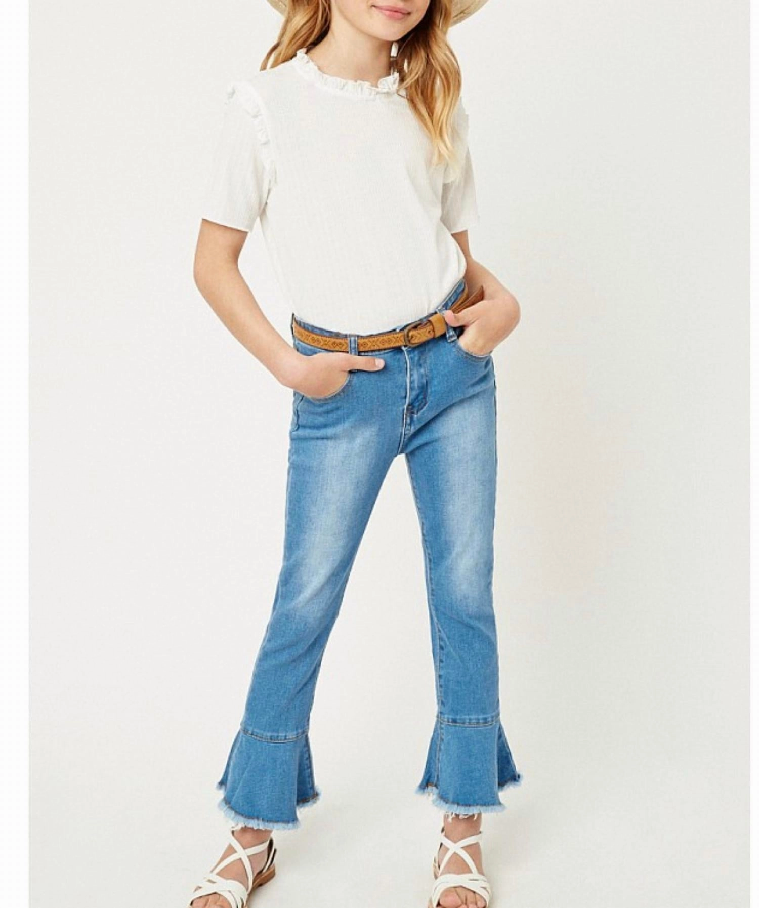 Girls Cropped Frill Flare Jeans In Denim girls bootcut jeans, stretch denim girls