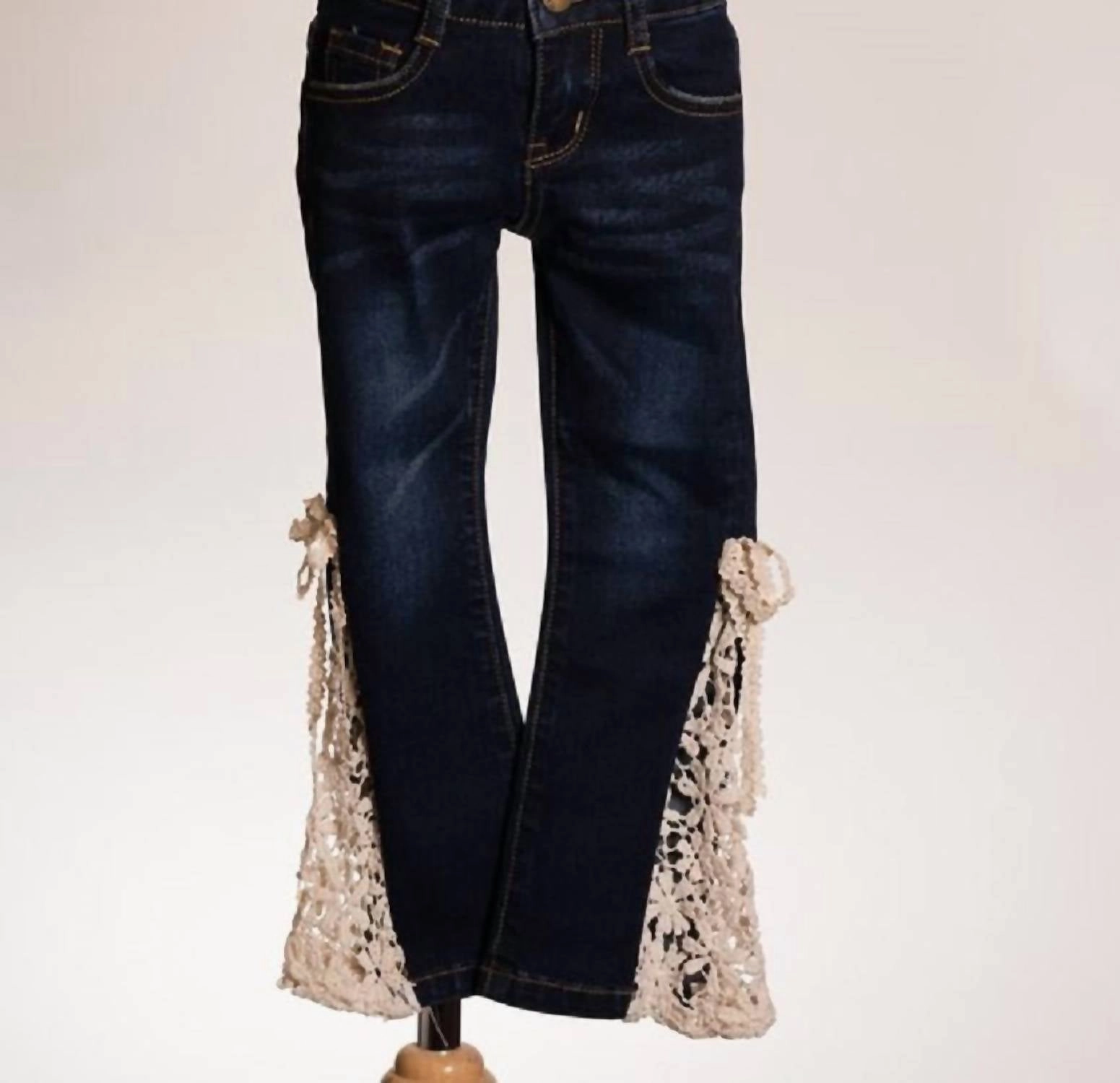 Girls Denim Lace Bell Jeans In Dark Denim/lace Bell girls bootcut jeans, stretch denim girls