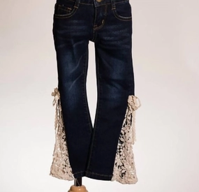 Girls Denim Lace Bell Jeans In Dark Denim/lace Bell girls bootcut jeans, stretch denim girls