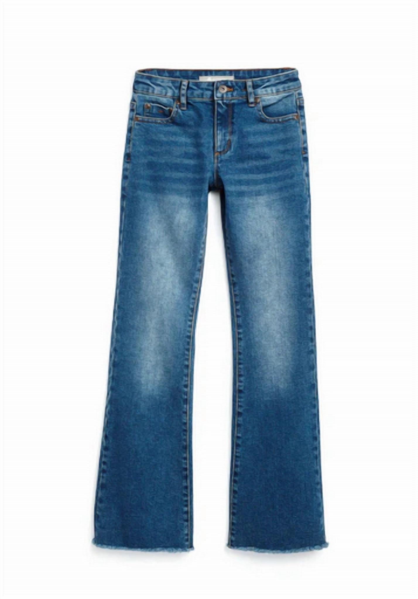 Girls Fray Hem Flare Jeans In Indigo girls bootcut jeans, stretch denim girls