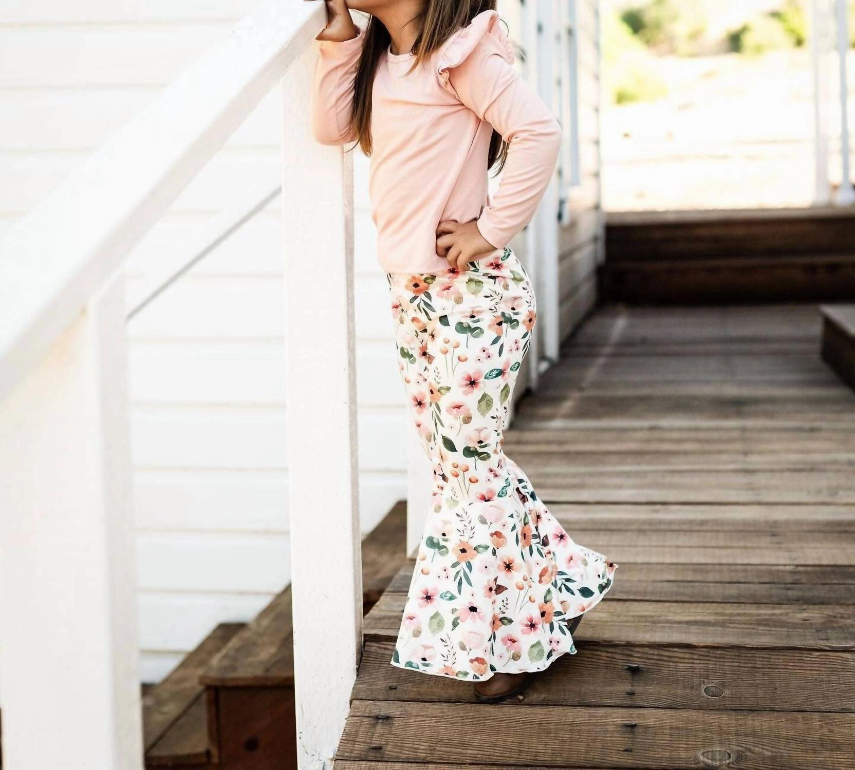 Girls Lina Pleated Bell Bottoms In Fall Floral Girls Scallop Hem Shorts