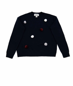 Girls Multi Poms Crew Sweater In Navy ruffle tops girls, long sleeve tees girls