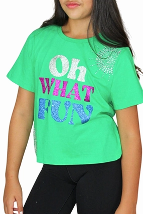 Girls Oh What Fun Graphic Tee In Green ruffle tops girls, long sleeve tees girls