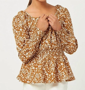 Girls Peplum Blouse In Camel ruffle tops girls, long sleeve tees girls