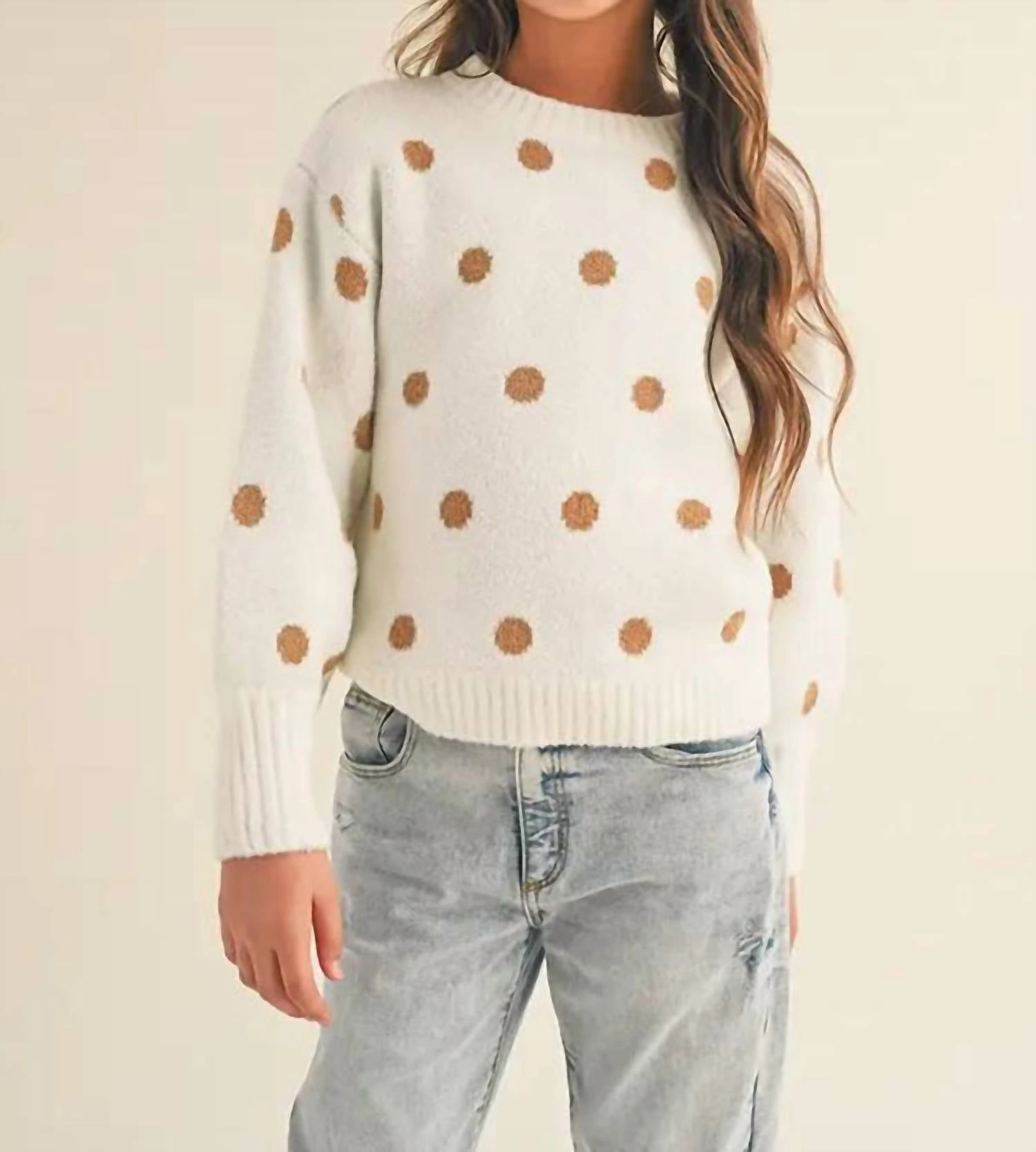 Girls Polka Dot Sweater In Ivory ruffle tops girls, long sleeve tees girls