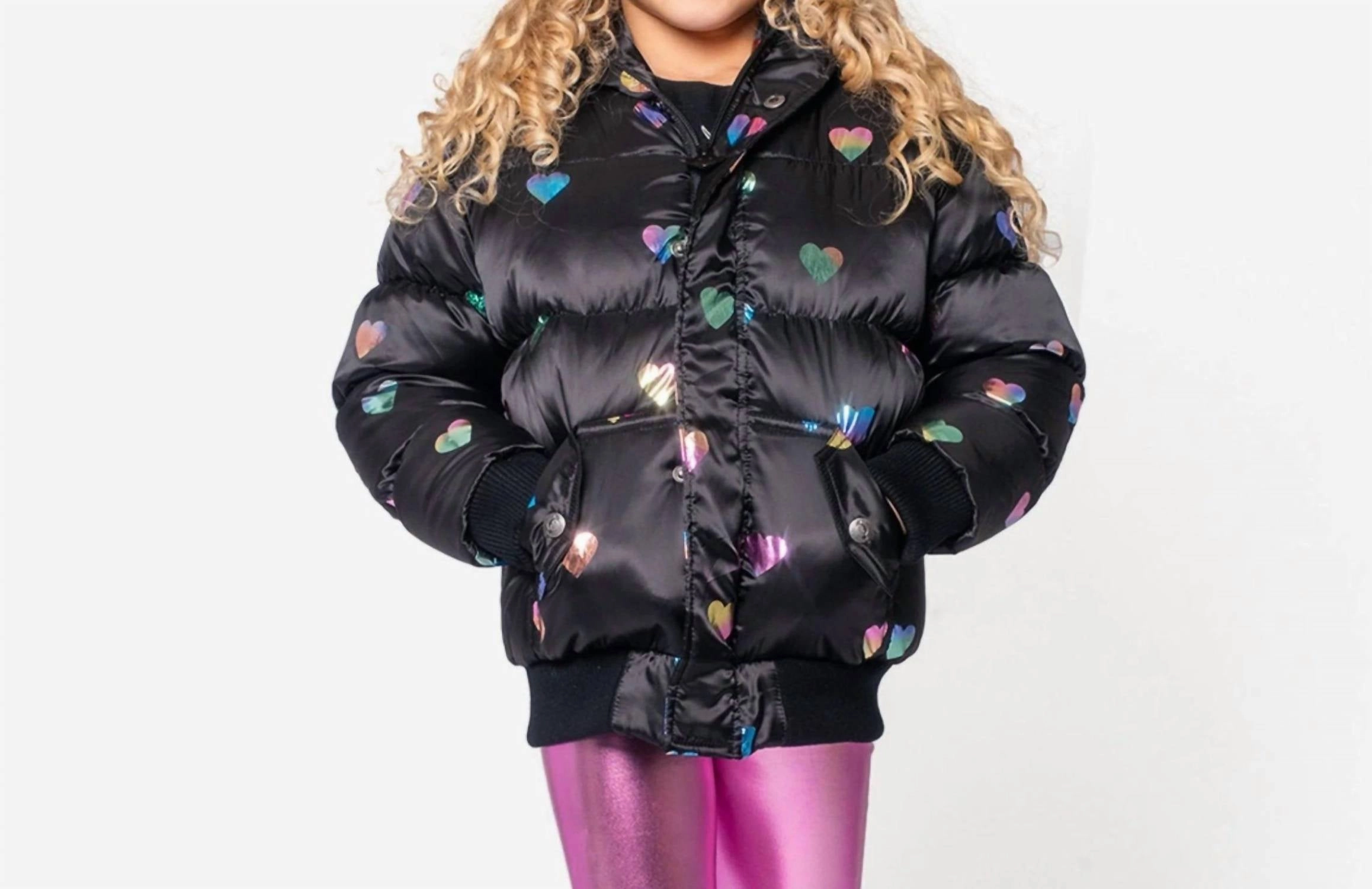 Girls Rainbow Hearts Puffy Coat In Black girls trench coats, waterproof jackets girls