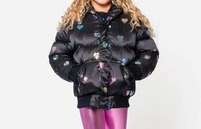 Girls Rainbow Hearts Puffy Coat In Black girls trench coats, waterproof jackets girls