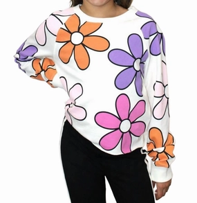 Girls Retro Flower Cropped Sweatshirt In White ruffle tops girls, long sleeve tees girls