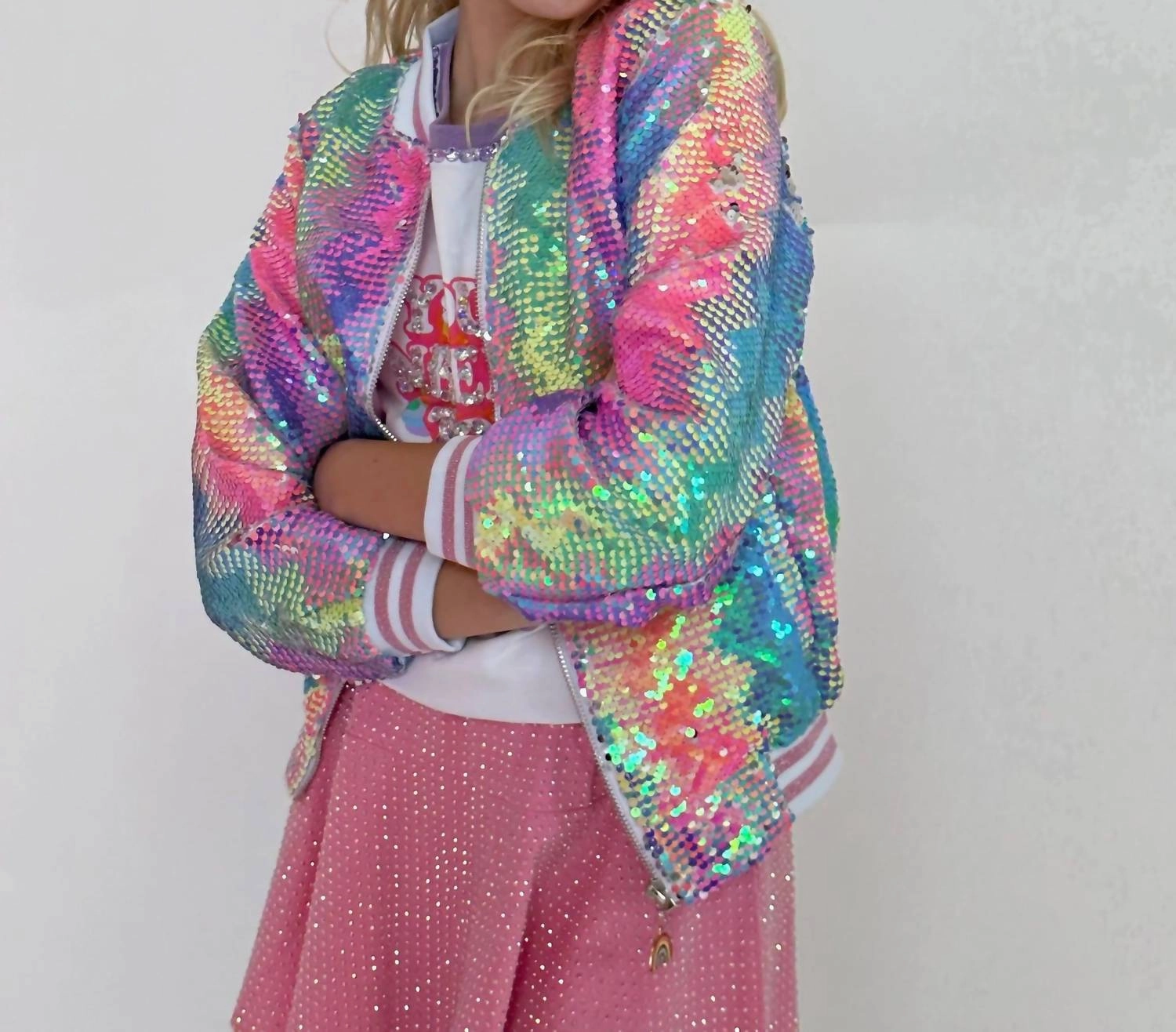 Girls Sequin Bomber In Kaleidoscope Girls Sherpa Coat