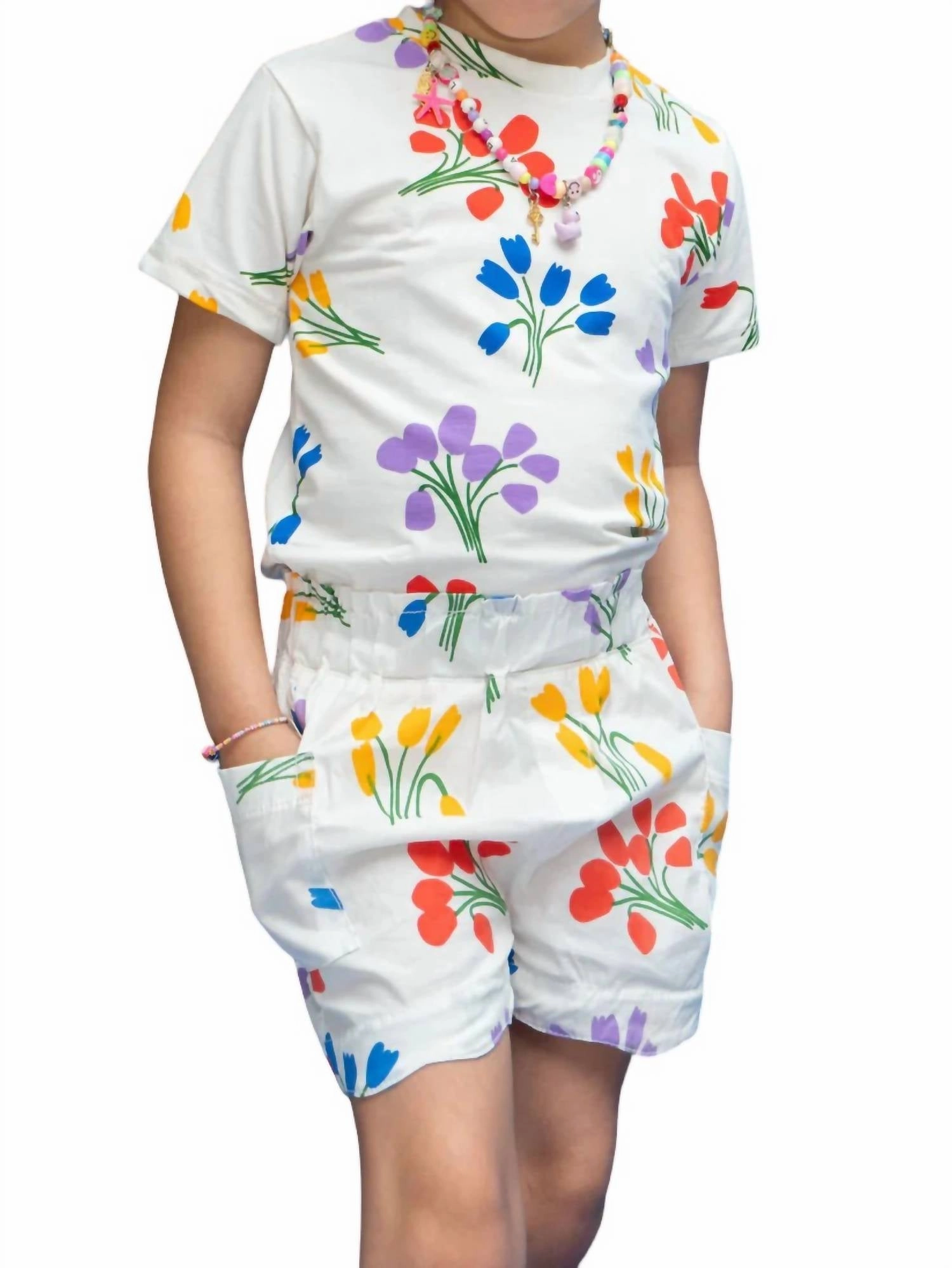 Girls Side Pocket Shorts In Tulips girls bermuda shorts, bike shorts girls