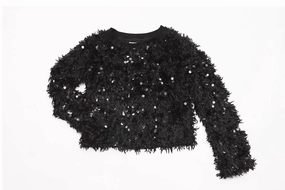 Girls Textured Sequin Sweater In Black ruffle tops girls, long sleeve tees girls