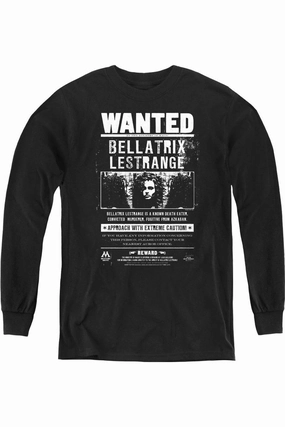 Harry Potter Wanted Bellatrix Youth Long Sleeve Tee / T-Shirt graphic tees for boys, polo shirts boys