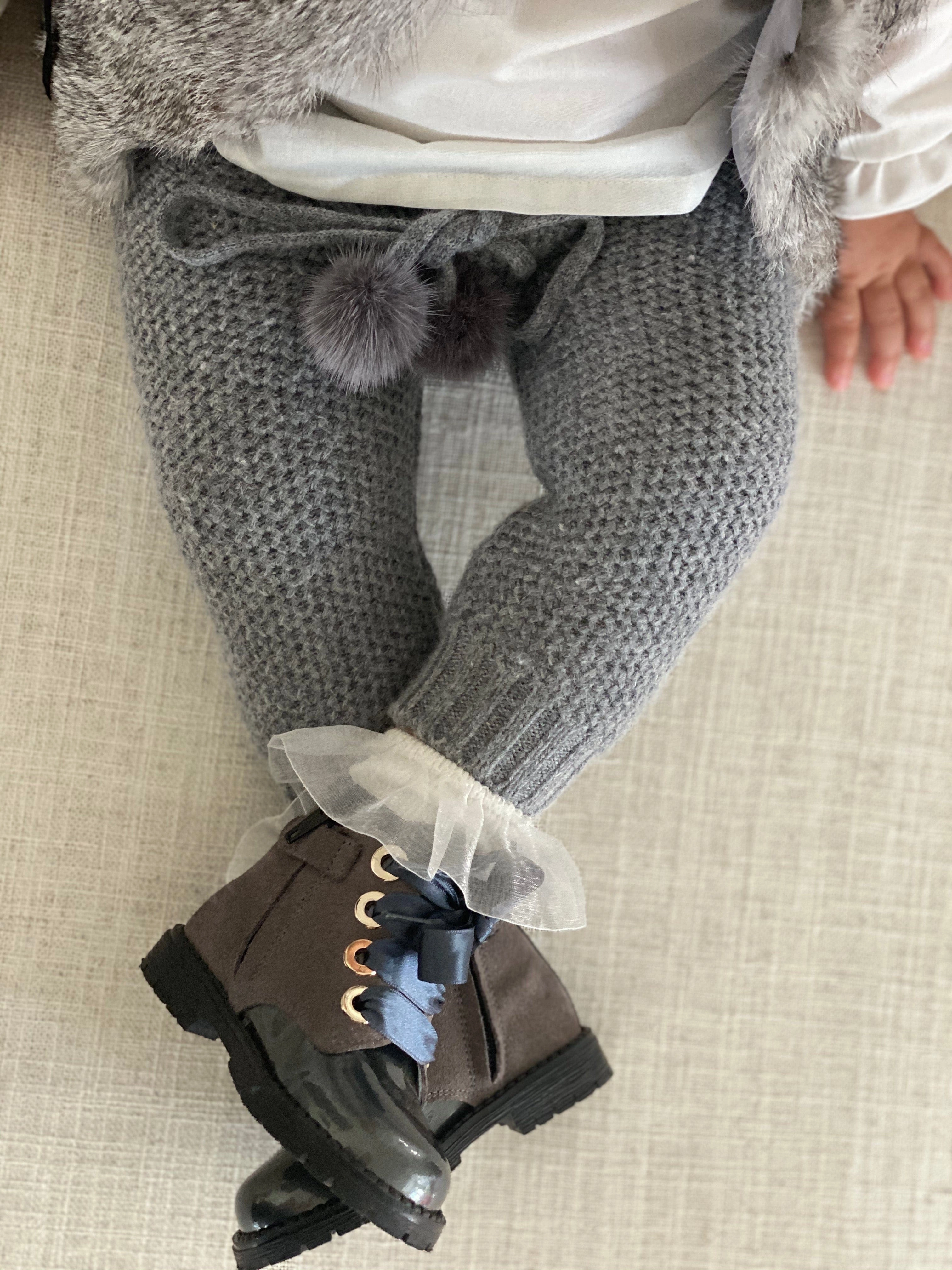 Honeycomb Grey Knit Cashmere Pom Pants Boys Elastic Waist Trousers