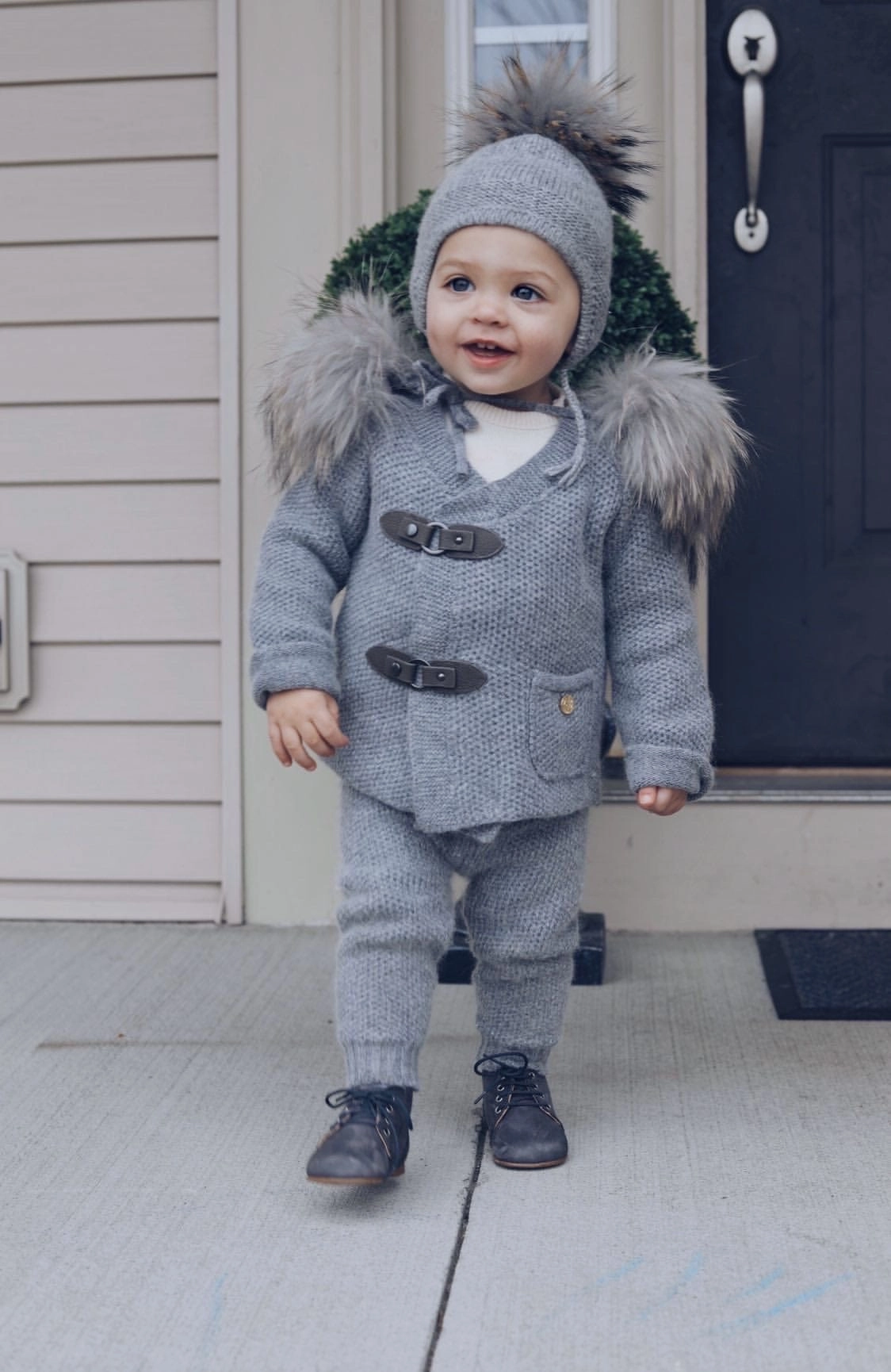 Honeycomb Grey Knit Cashmere Pom Pants Boys Elastic Waist Trousers