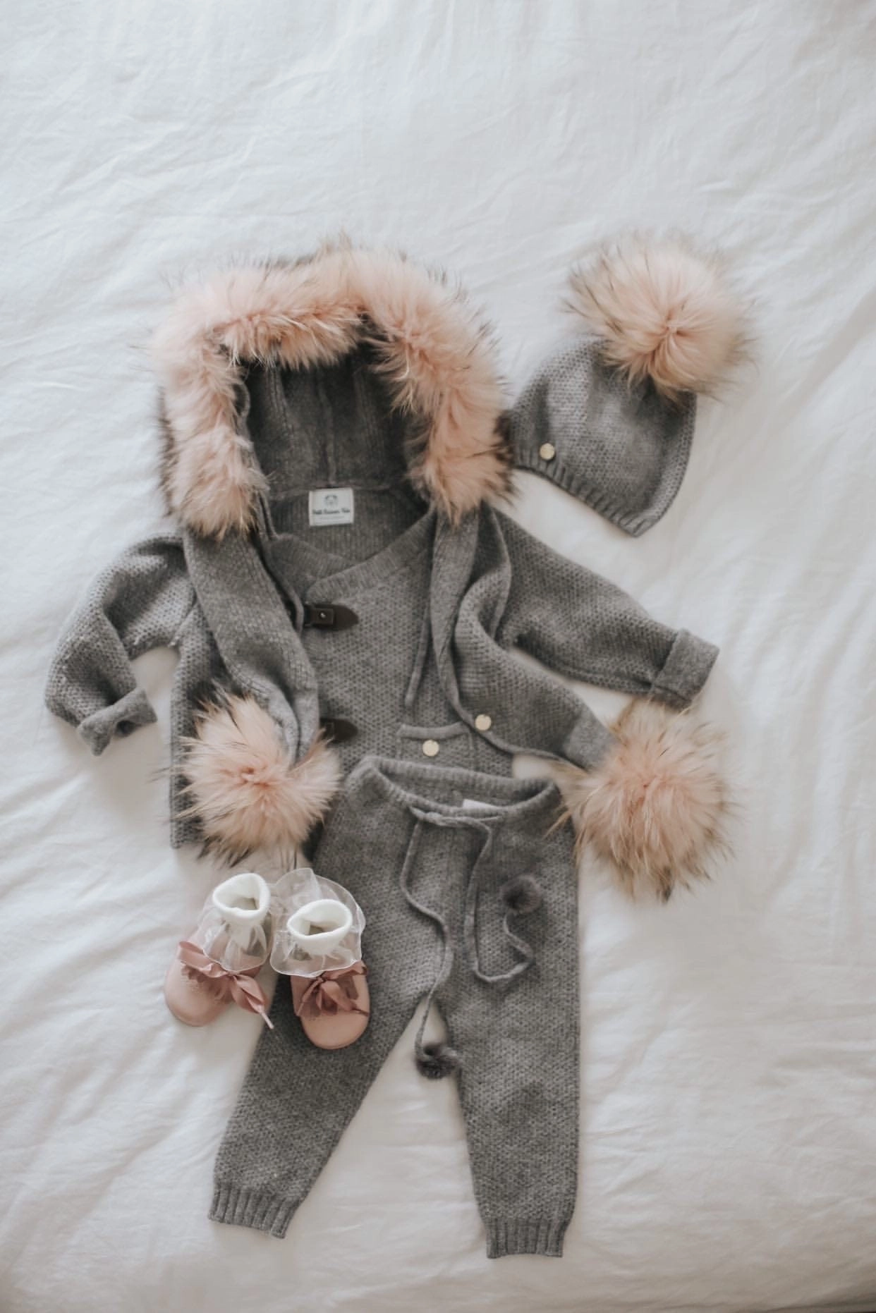 Honeycomb Grey Knit Cashmere Pom Pants Boys Elastic Waist Trousers