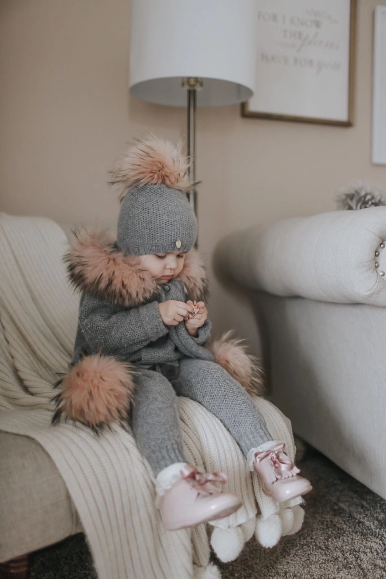 Honeycomb Grey Knit Cashmere Pom Pants Boys Elastic Waist Trousers