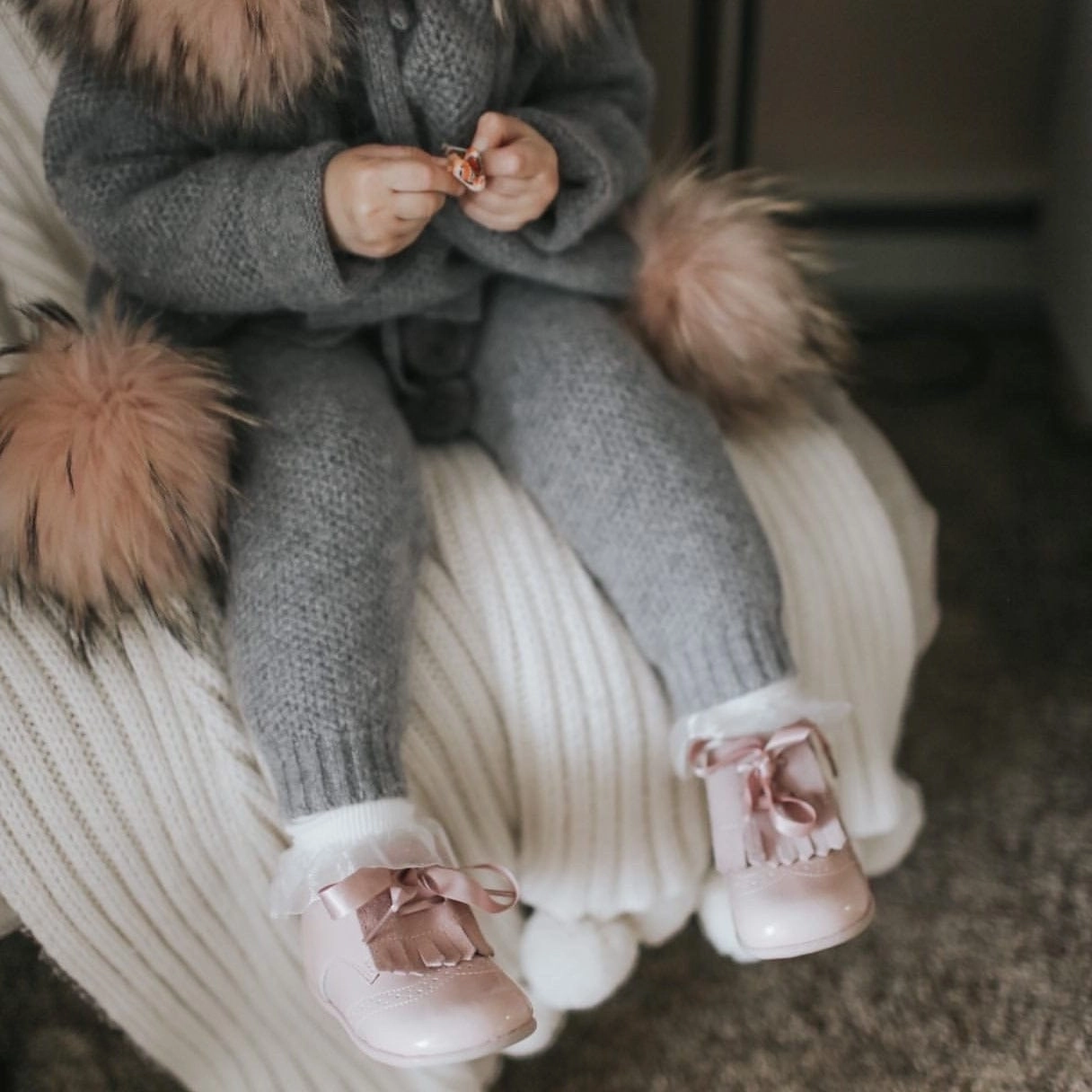 Honeycomb Grey Knit Cashmere Pom Pants Boys Elastic Waist Trousers
