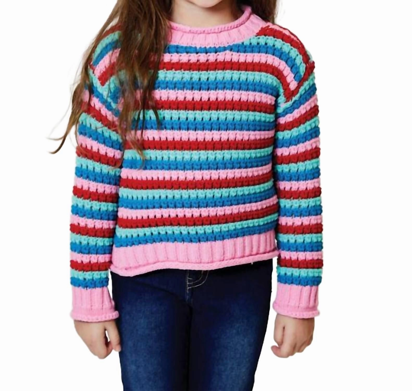 Kid's Bright Striped Knit Sweater In Go Go Pink Combo ruffle tops girls, long sleeve tees girls