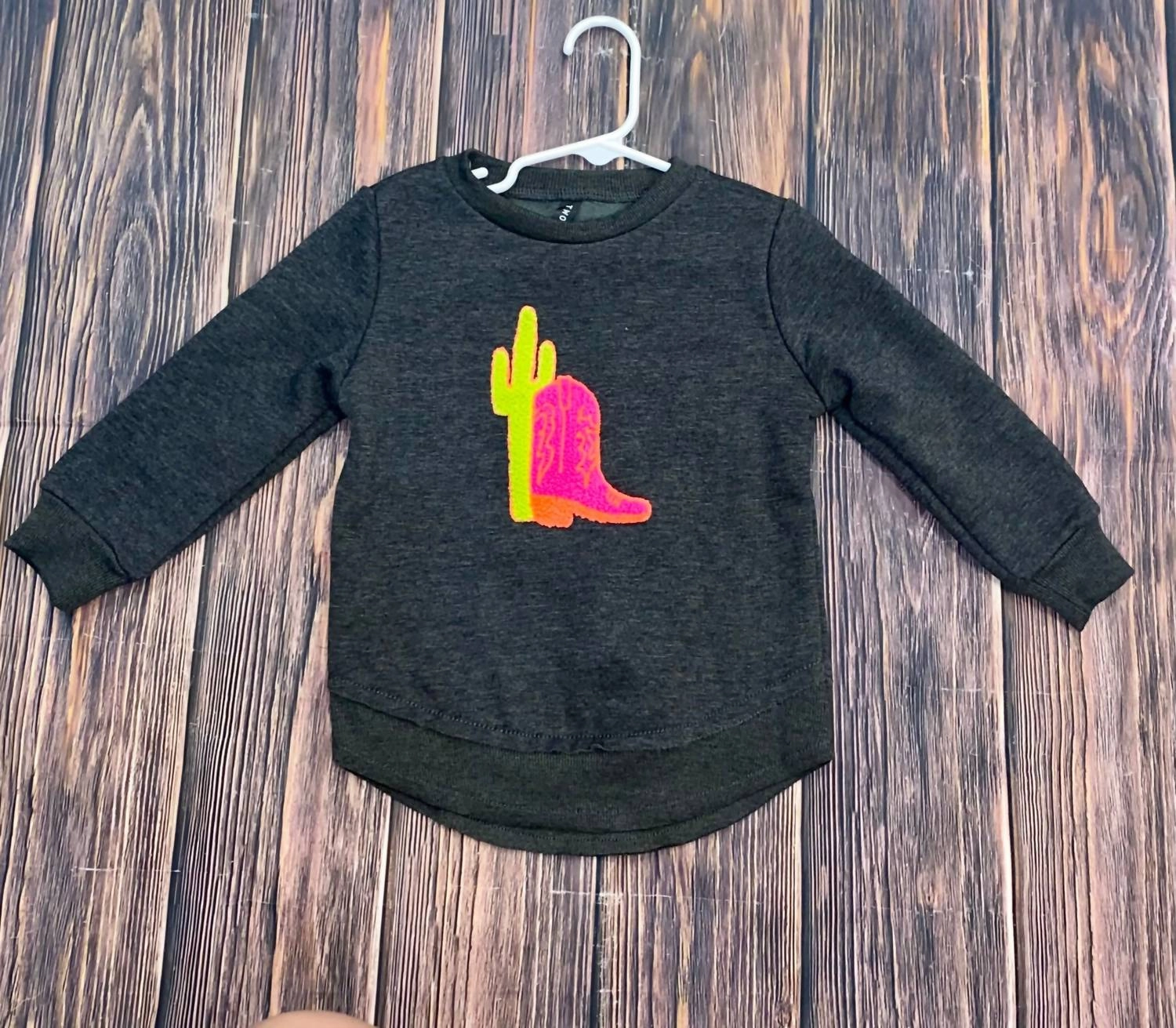 Kid's Neon Boot Scoot Pullover In Charcoal Girls Tunic Top