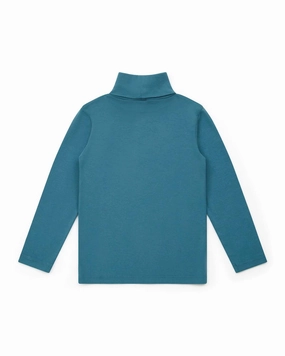 Kid's Organic Cotton Ribbed Turtle Neck Sweatshirt In Bleu Curieux ruffle tops girls, long sleeve tees girls