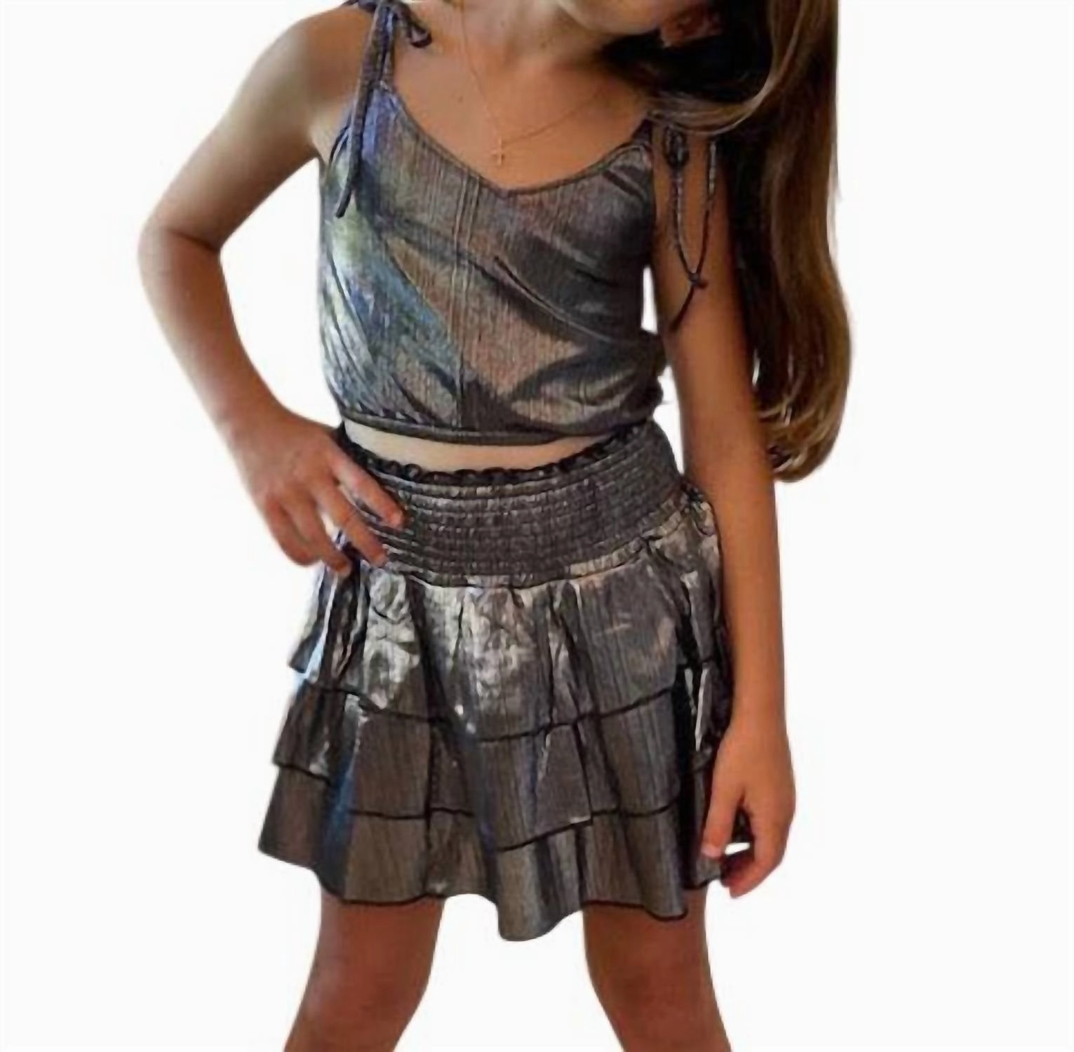 Kids Metallic Top In Silver ruffle tops girls, long sleeve tees girls