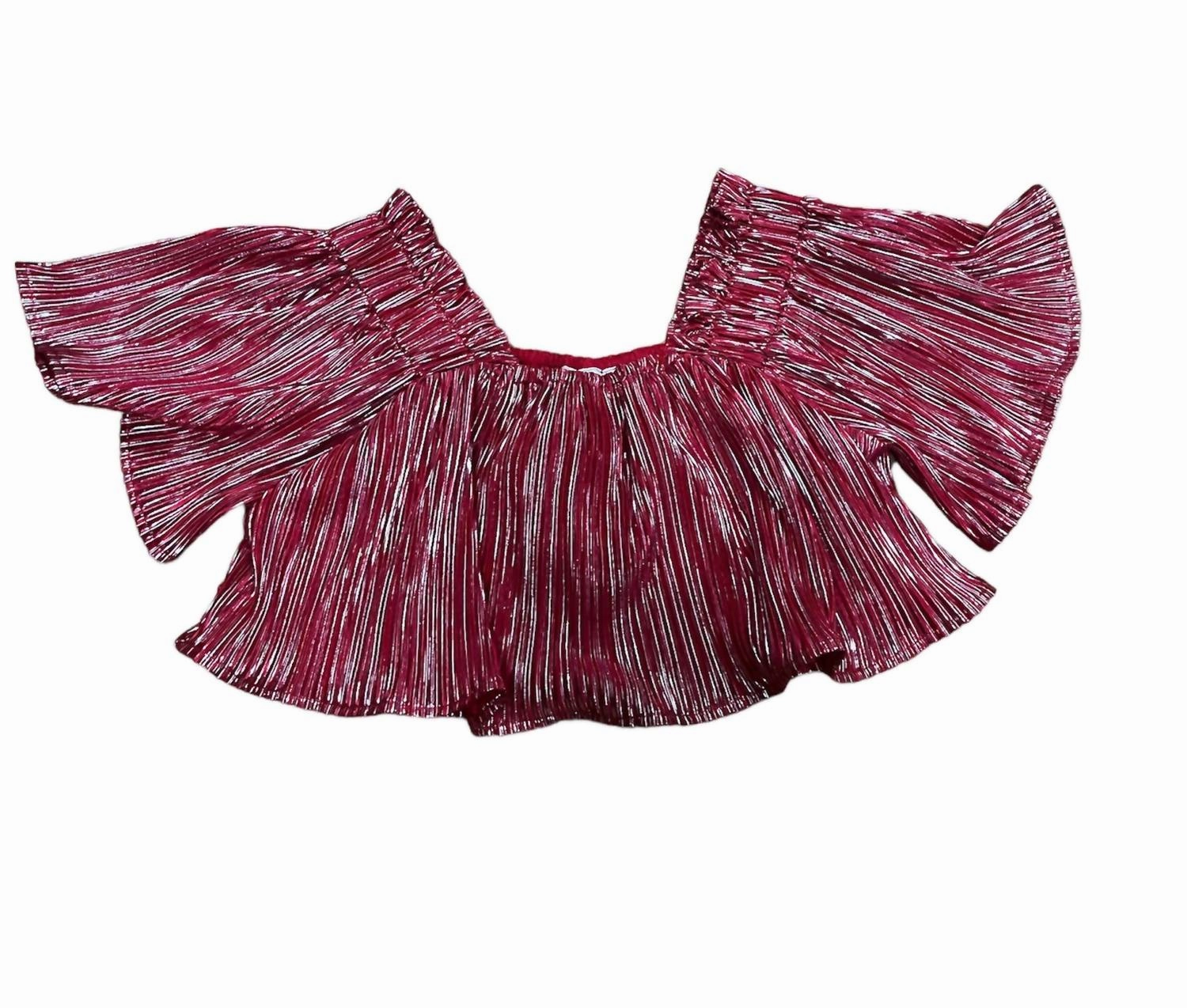 Kids Pleat Flutter Top In Red/silver ruffle tops girls, long sleeve tees girls