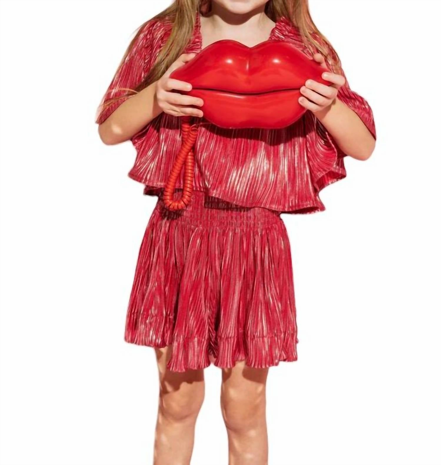 Kids Pleat Flutter Top In Red/silver Girls Tunic Top