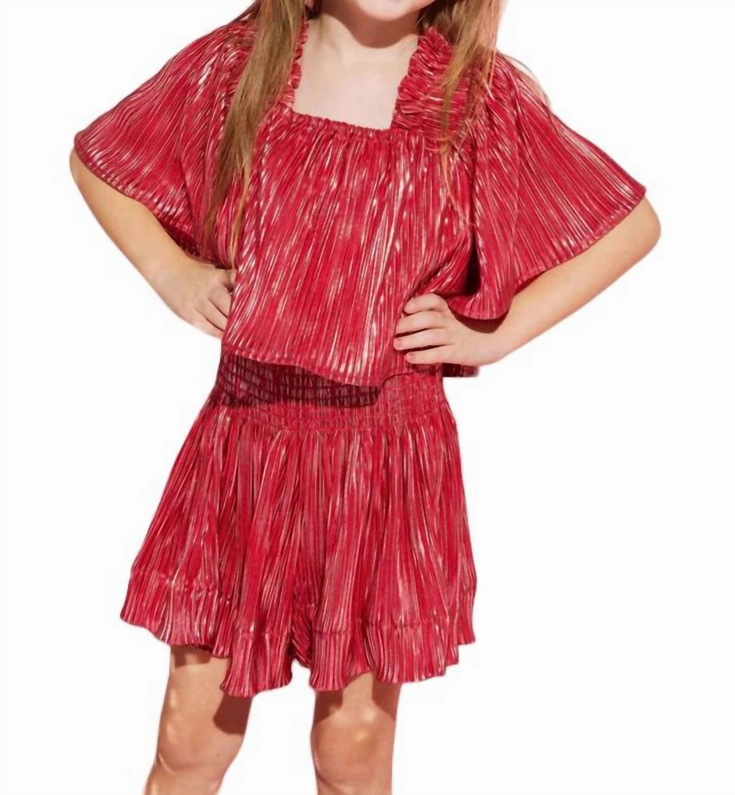 Kids Pleat Flutter Top In Red/silver Girls Tunic Top