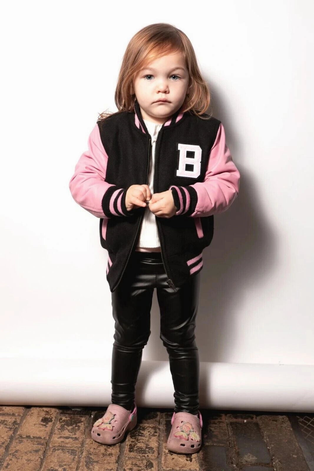 Kids Varsity Black & Pink Bomber Jacket with Real Leather Sleeves 3-13 yrs Boys Waterproof Parka