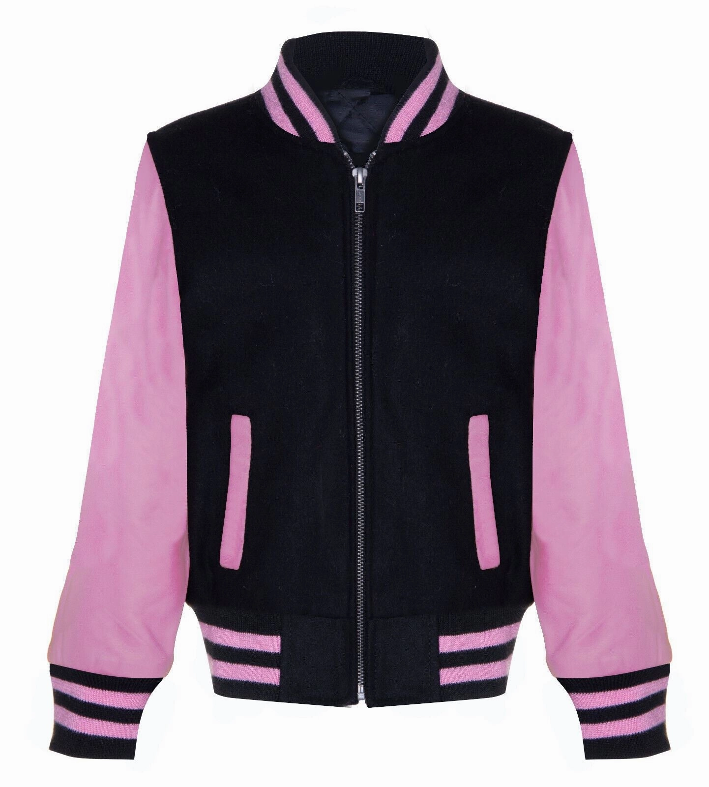 Kids Varsity Black & Pink Bomber Jacket with Real Leather Sleeves 3-13 yrs winter jackets for boys, lightweight puffer boys