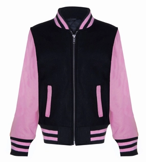 Kids Varsity Black & Pink Bomber Jacket with Real Leather Sleeves 3-13 yrs winter jackets for boys, lightweight puffer boys