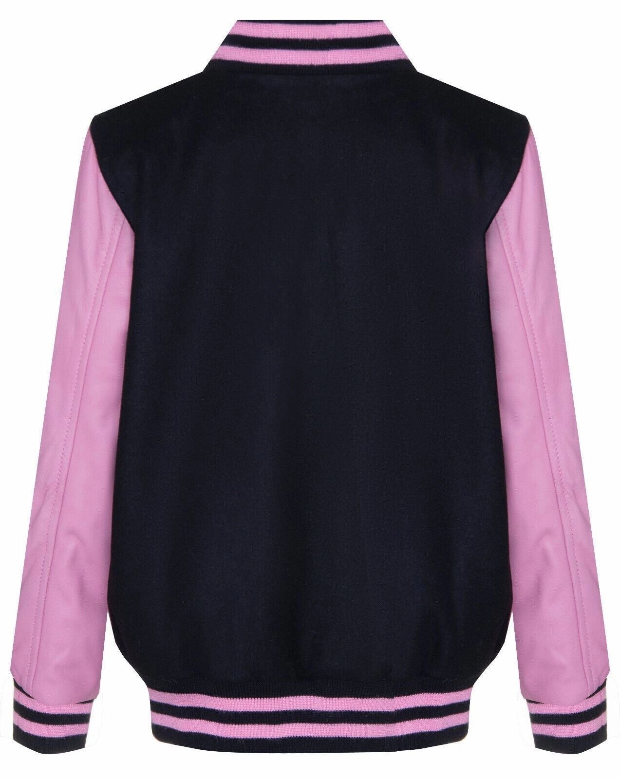 Kids Varsity Black & Pink Bomber Jacket with Real Leather Sleeves 3-13 yrs Boys Waterproof Parka